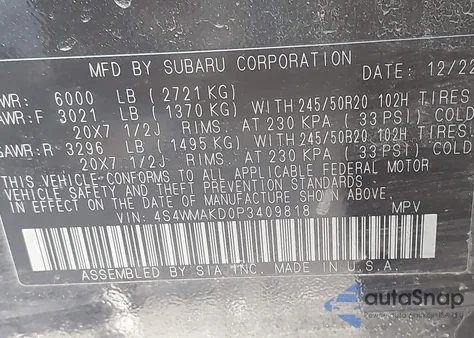 2023 Subaru Ascent Onyx Edition Limited 7-Passenger z USA, uszkodzony, nr VIN 4S4WMAKD0P3409818